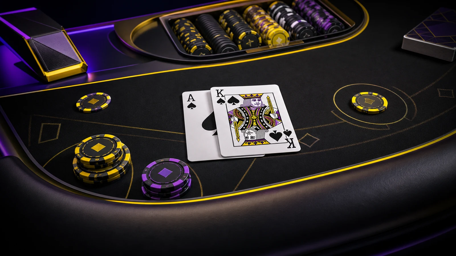Blackjack concept with an ace, king, and geometric chips