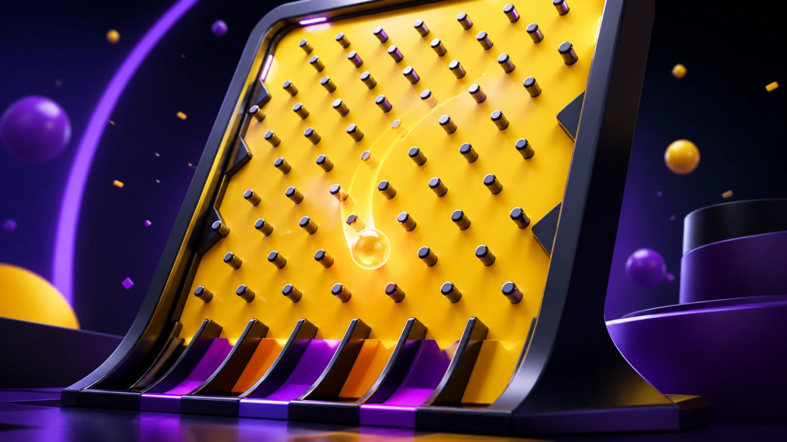 Plinko concept with a luminous ball descending through pegs